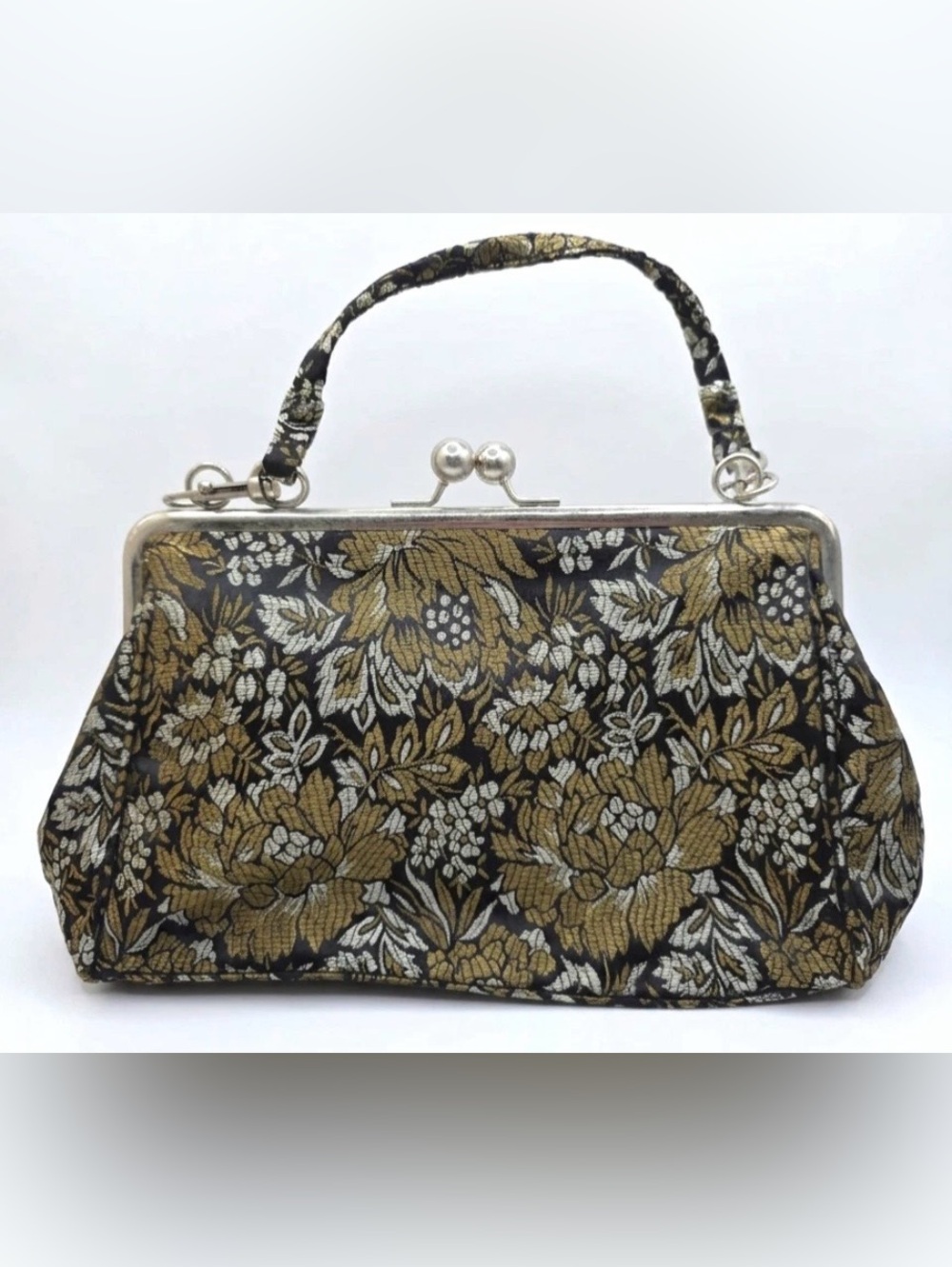 Jaclyn Smith Black Evening Clutch with Gold & Silver Floral Brocade